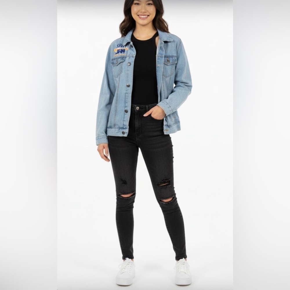 Vintage Bold Members Only Space Jam Unisex Blue and White Denim Jacket Sz Medium